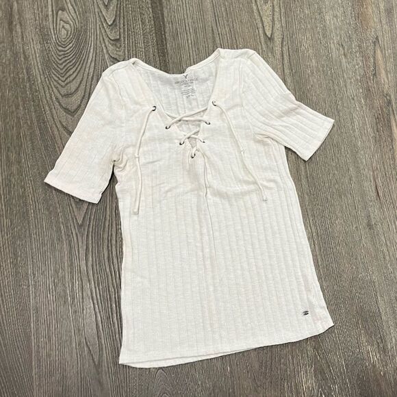 American Eagle Outfitters Tops - American Eagle Lace Up Crop Top Short Sleeve Soft Ribbed Knit Stretch Ivory S